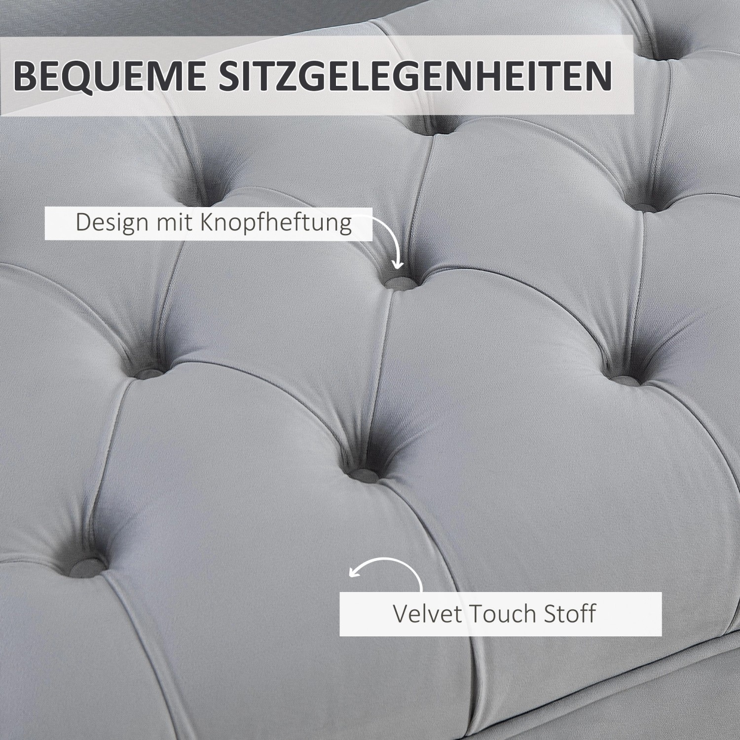 Detailaufnahme: Hellgraue HOMCOM Sitzbank aus Samt mit Knopfheftung.