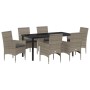 Graue 7-tlg. vidaXL Garten Essgruppe aus Poly Rattan mit Tisch und Stühlen mit Kissen.
