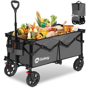 Sekey Bollerwagen, faltbar, grau, mit Lebensmitteln gefüllt. Ideal für Camping & Freizeit.