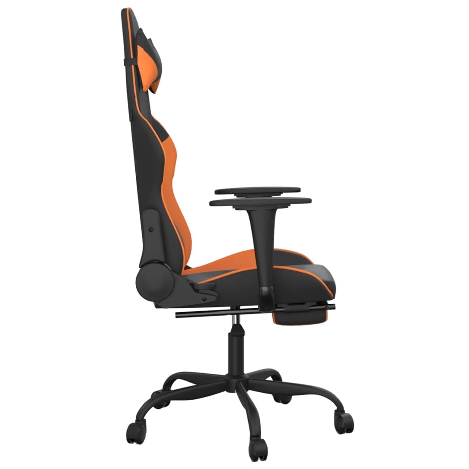 Gaming-Stuhl in Schwarz und Orange mit Fußstütze und Massagefunktion, Seitenansicht.
