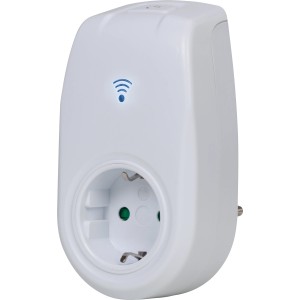 Weißer Schuko Wifi Stecker zur Hausfunksteuerung mit WLAN-Symbol.