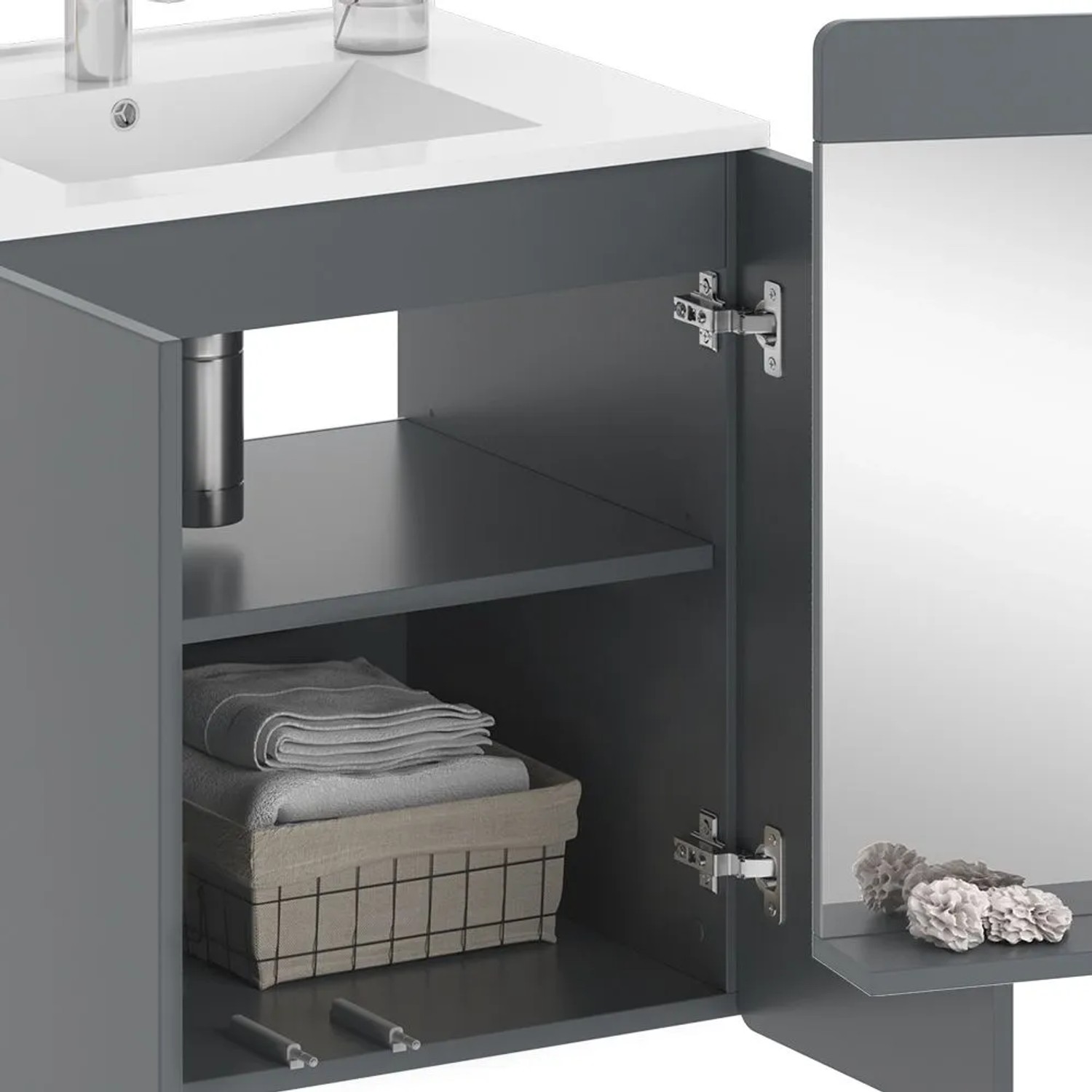 Vicco Badmöbel-Set Izan, grau, 2-teilig mit Waschbeckenunterschrank und Spiegel. Offene Tür.