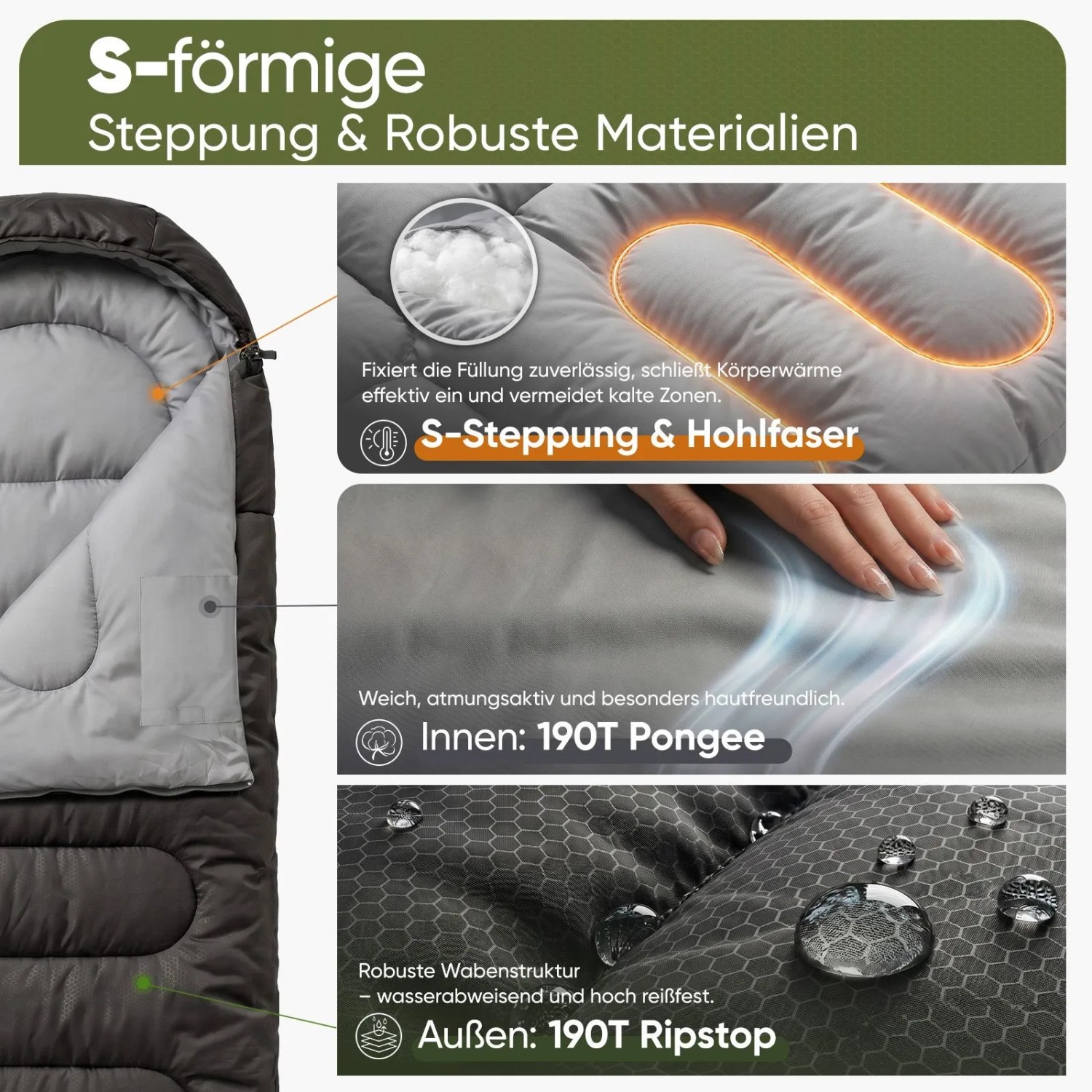 Sekey Deckenschlafsack Anthrazit: Details zu Steppung, Füllung, Innen- und Außenmaterial des Schlafsacks.