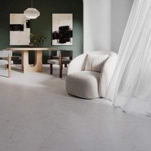 Bodenfliese Pietra di Como, weiß-graues Feinsteinzeug 60x60 cm in Marmor-Optik, glasiert, satin matt.