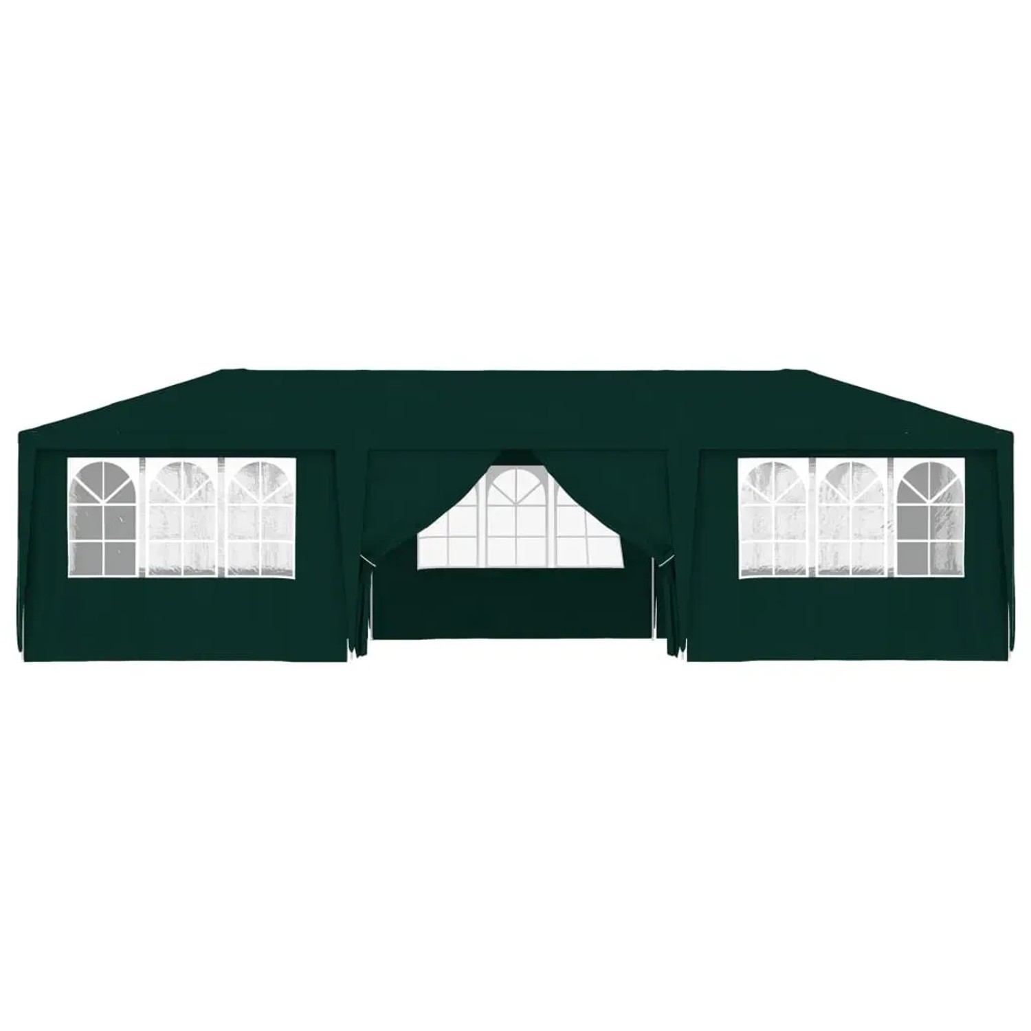 Grünes Profi-Partyzelt 4x9 m mit Seitenwänden und Fenstern. Ideal für Gartenpartys.
