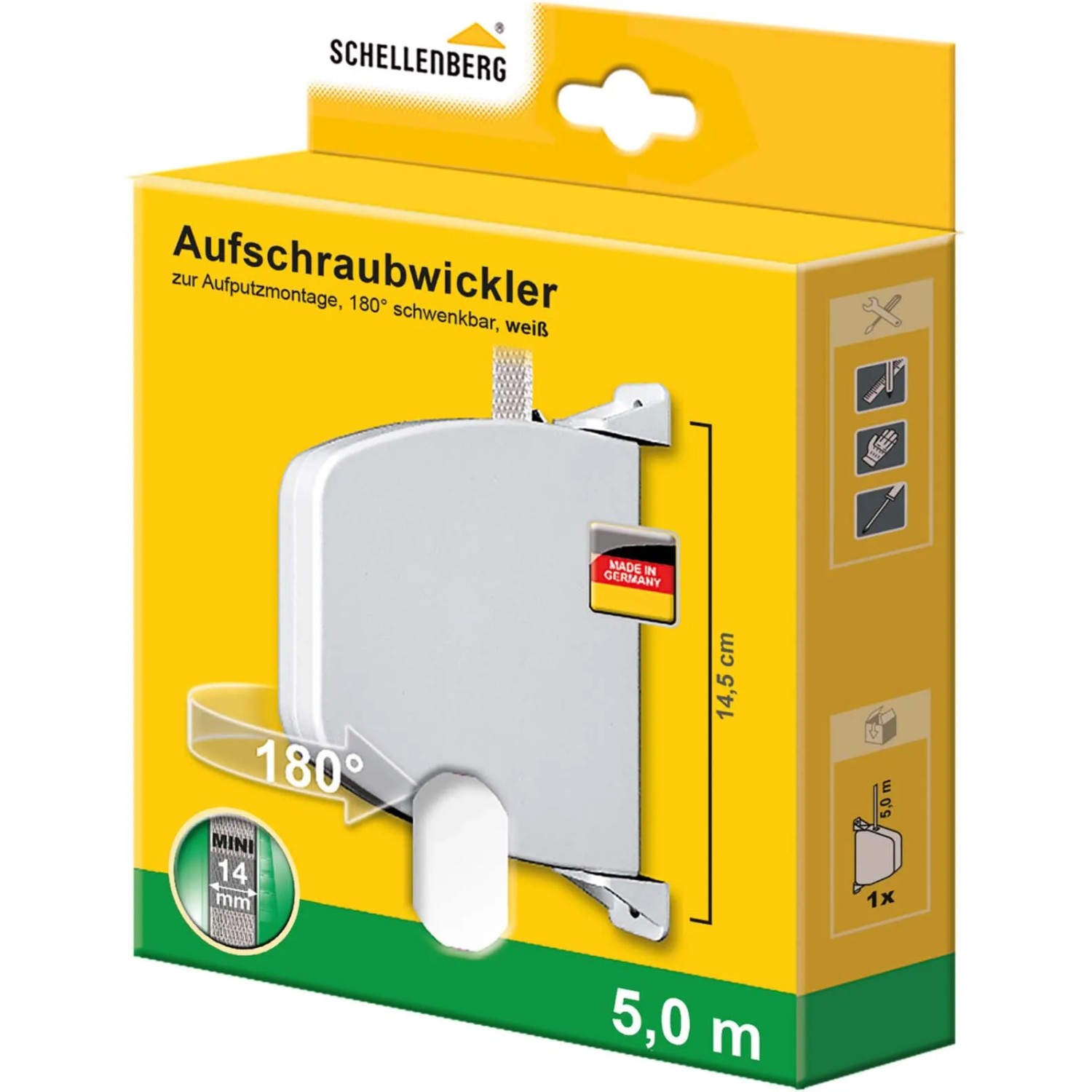 Schellenberg Aufschraubwickler Mini, schwenkbar, weiß, mit Rollladengurt in Verpackung.