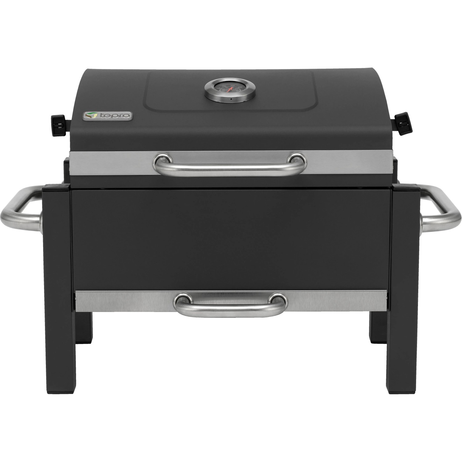 Schwarzer Tepro Toronto Holzkohlegrill Easy mit Thermometer und silbernen Griffen.