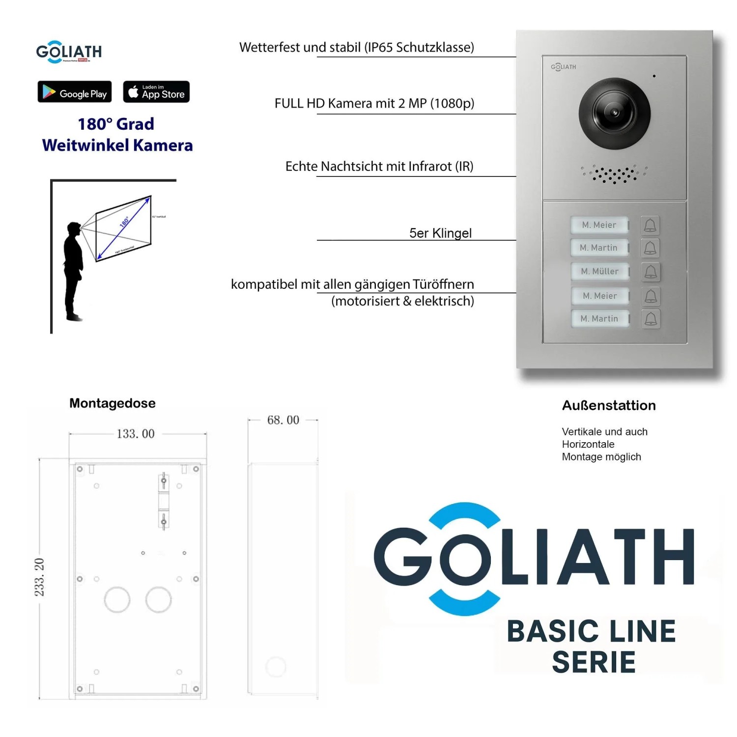 Goliath Basic Line 5-Familienhaus Video Türsprechanlage Monitor Weiß - Silber Ausenstation Unterputzdose_3