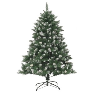 Künstlicher Weihnachtsbaum 120 cm, grün, mit weißem Kunstschnee, Zapfen und schwarzem Stahlständer.