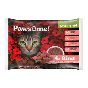 Pawsome Katzen-Nassfutter Adult Rind, 4er-Pack. Artgerechtes Futter mit Rind für ausgewachsene Katzen.