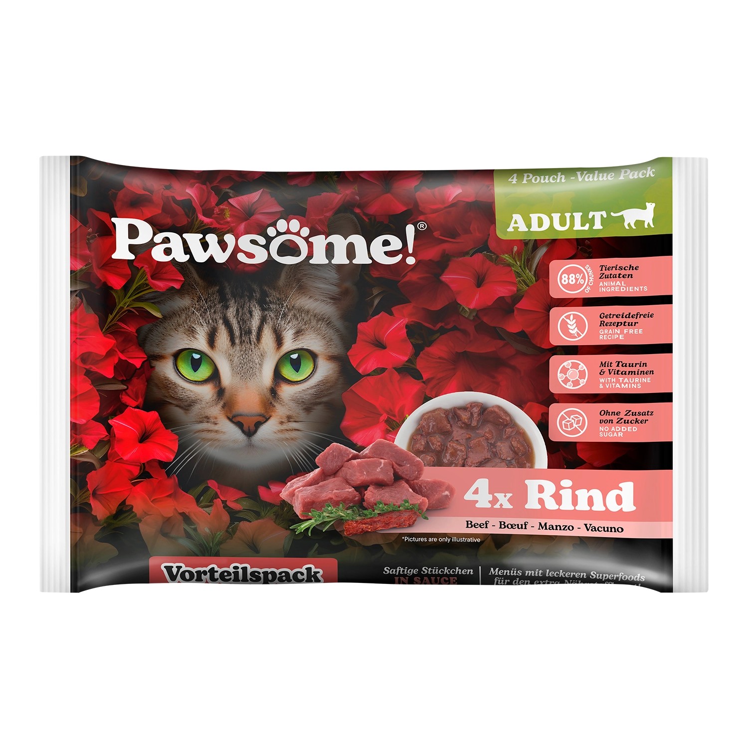 Pawsome Katzen-Nassfutter Adult Rind 85 g 4er Flowpack