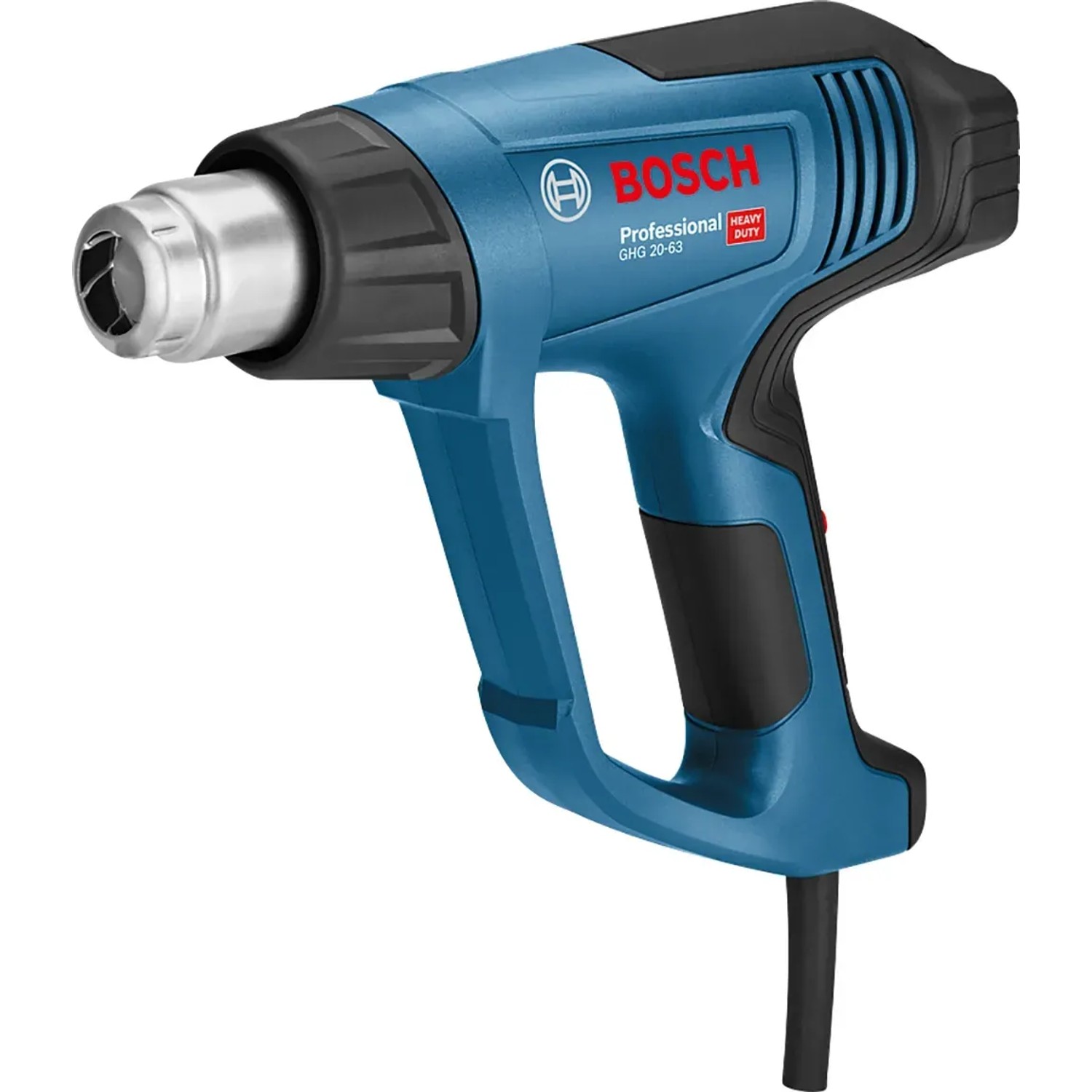 Blaues Bosch Professional Heißluftgebläse GHG 20-63 mit silberner Düse und schwarzem Griff.