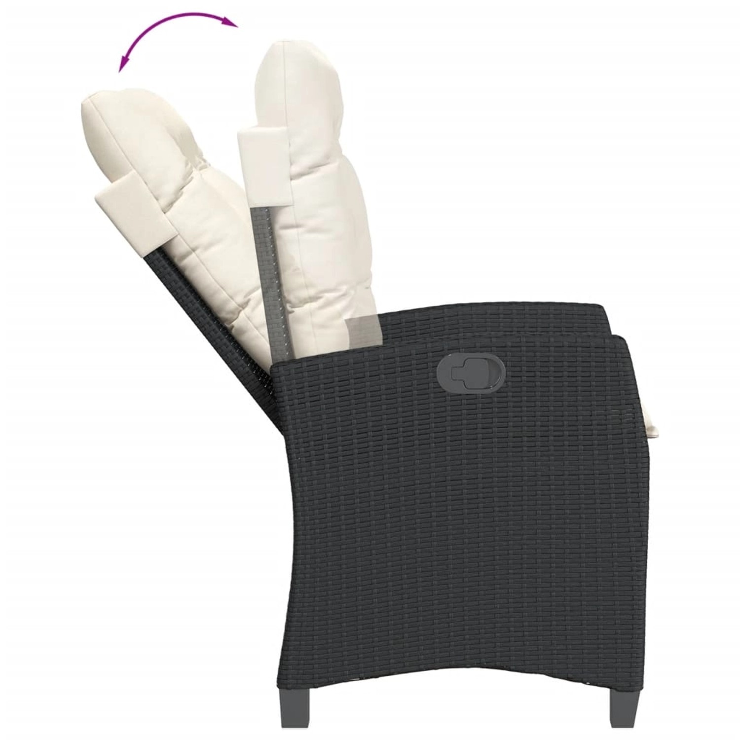 Verstellbarer Gartenstuhl aus schwarzem Rattan mit cremefarbenen Kissen, Teil der 9-tlg. vidaXL Garten-Essgruppe.