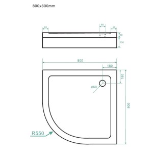 Technische Zeichnung: Viertelkreis Duschtasse 80x80 cm mit Ablauf, Duschwanne für Badprojekte.