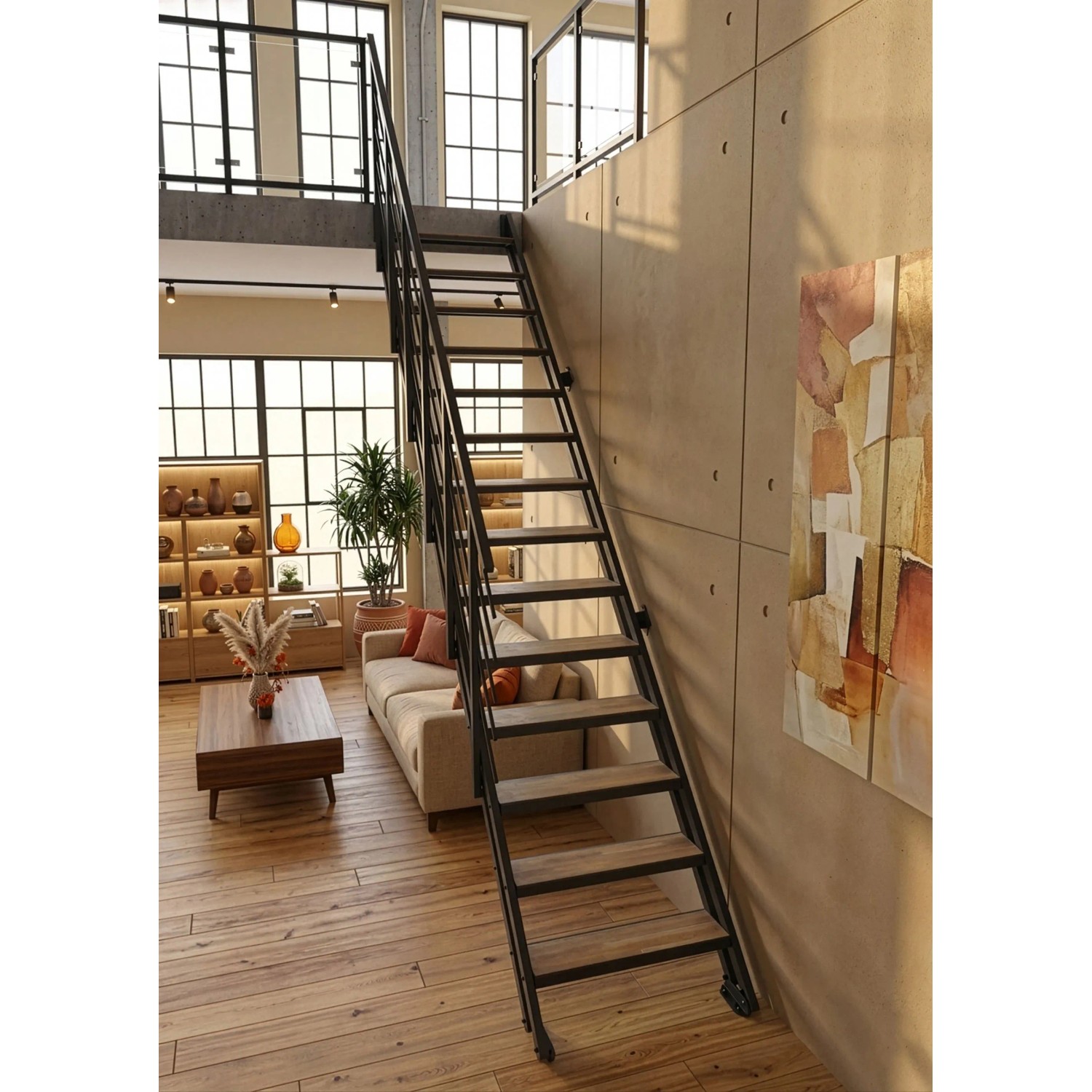 Minka Raumspartreppe Flex Hybrid Schwarz Eiche. Moderne schwarze Metalltreppe mit Holzoptik-Stufen in Wohnraum.