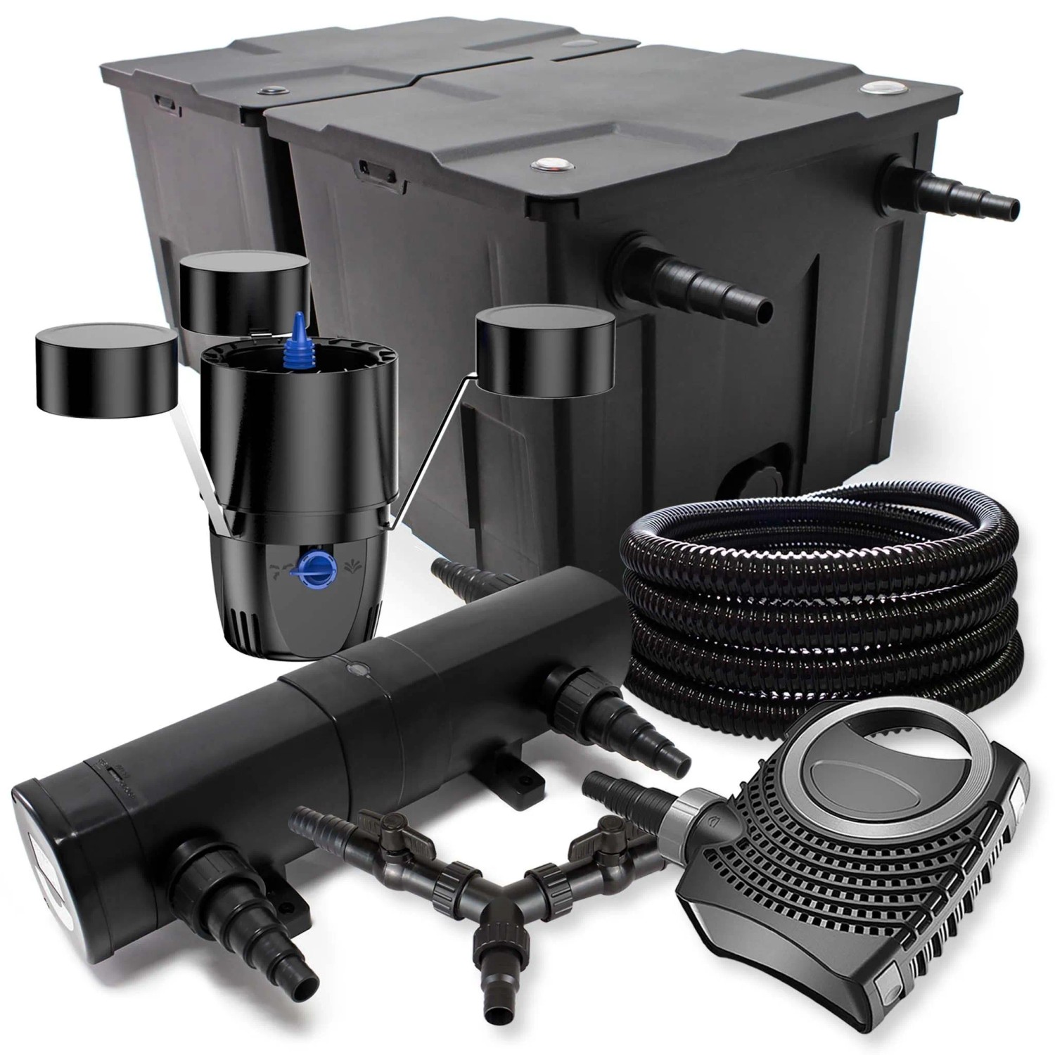 SunSun TeichFilter Set 60000l 36W Klärer NEO10000 80W Pumpe 25m Schlauch Skimmer
