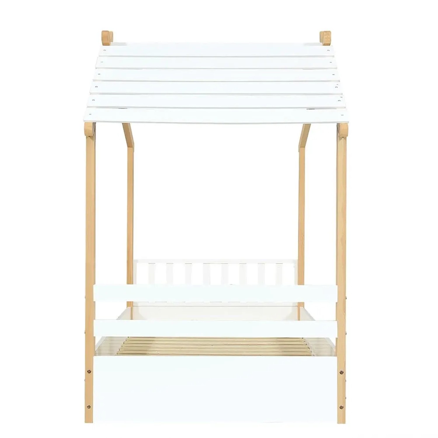 KOMHTOM Holzbetten 90x190 Cm  Kinderbett  Einzelbett  Edles Holzhausdesign  Weiß + Natur