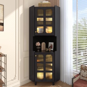Schwarzer Eckschrank mit LED-Beleuchtung, gerippten Glastüren und offenem Fach. Modernes Design für Vitrinen.