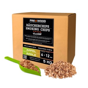 PINI Räucherchips Apfel 5 kg, 6-12 mm, in Kartonbox mit Schaufel und Holzspänen. Ideal für Grill & Smoker.
