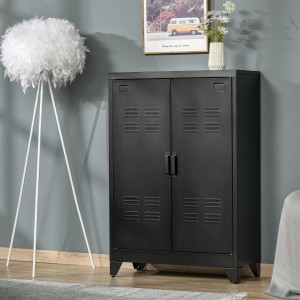 Schwarzes HOMCOM Sideboard mit Lamellentüren und verstellbaren Einlegeböden. Viel Stauraum.