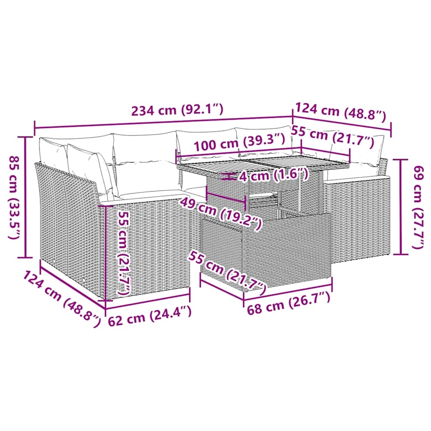 vidaXL Garten-Sofagarnitur, 6-teilig, beige Poly Rattan mit Maßen. Ideal für Terrasse und Garten.
