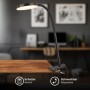 Schwarze Briloner LED-Klemmleuchte PLEGG mit schwenkbarem Kopf und Lichtkante am Tisch befestigt.
