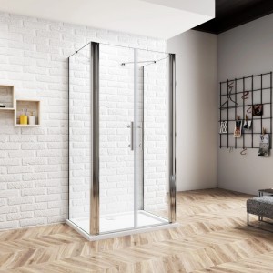 AICA U-Duschkabine mit Drehtür und Seitenwand, 90x195 cm, 6 mm Glas.