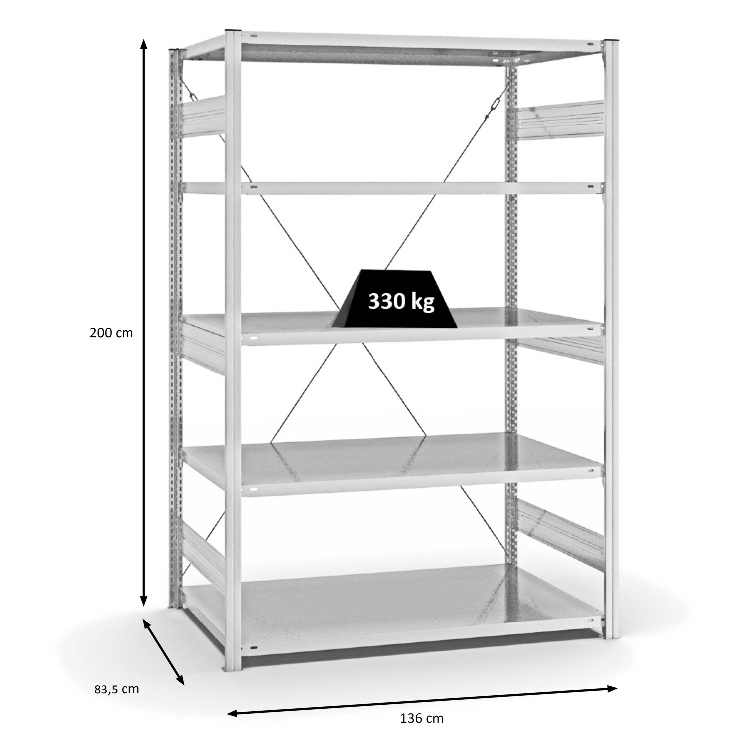 PROREGAL Fachbodenregal, Stecksystem, lichtgrau, 5 Ebenen, Fachlast 330 kg, 200x130x80 cm.
