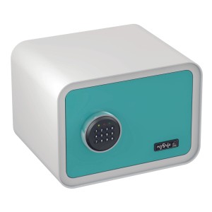 Blau-weißer mySafe Elektronik-Möbeltresor 350 mit Zahlencode.