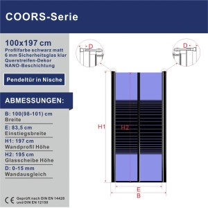 Aquabatos Duschtür 100 cm Nischentür Dusche Pendeltür Duschabtrennung 6 mm ESG Sicherheitsglas Duschkabine Duschwand mit Nano Beschichtung