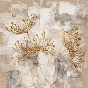 Modernes Leinwandbild mit goldenen, strukturierten Chrysanthemen auf abstraktem, beigem Hintergrund. Dekoartikel.