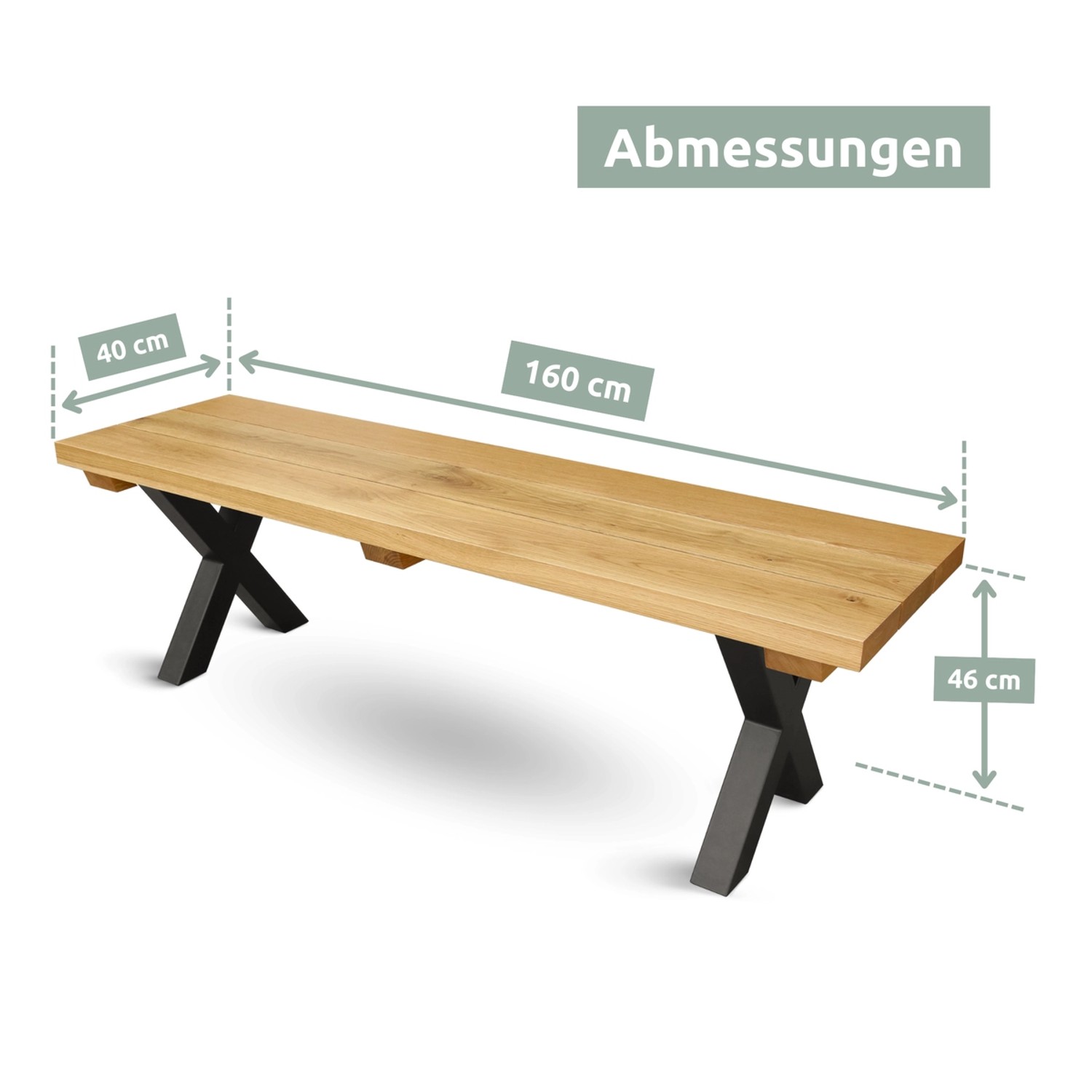 Holz4home Eichenbank für den Garten: 160 cm breite Bank aus Eiche mit schwarzem Metallgestell.