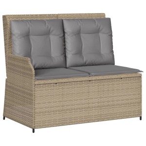 Verstellbare furnicato Gartenbank aus Rattan, beige, mit grauen Kissen.