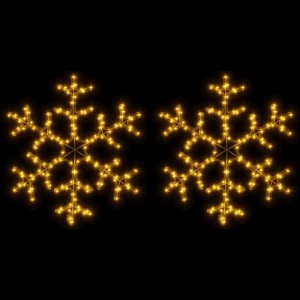 Zwei warmweiße LED-Schneeflocken als Weihnachtsdekoration, 59x59 cm, leuchtend auf dunklem Hintergrund.