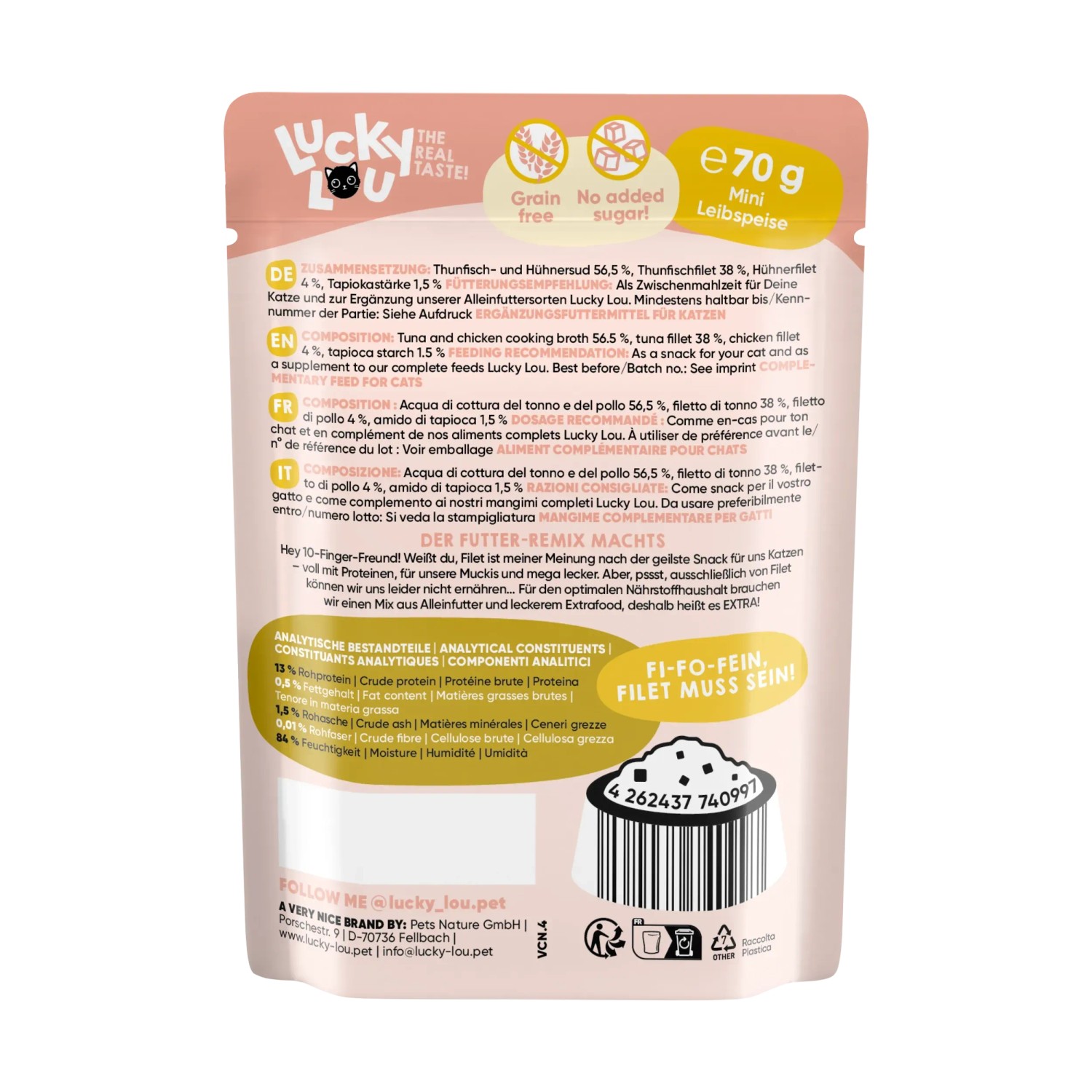 Lucky Lou Katzen-Nassfutter Thunfisch & Huhn in Jelly, 70g Portionsbeutel.