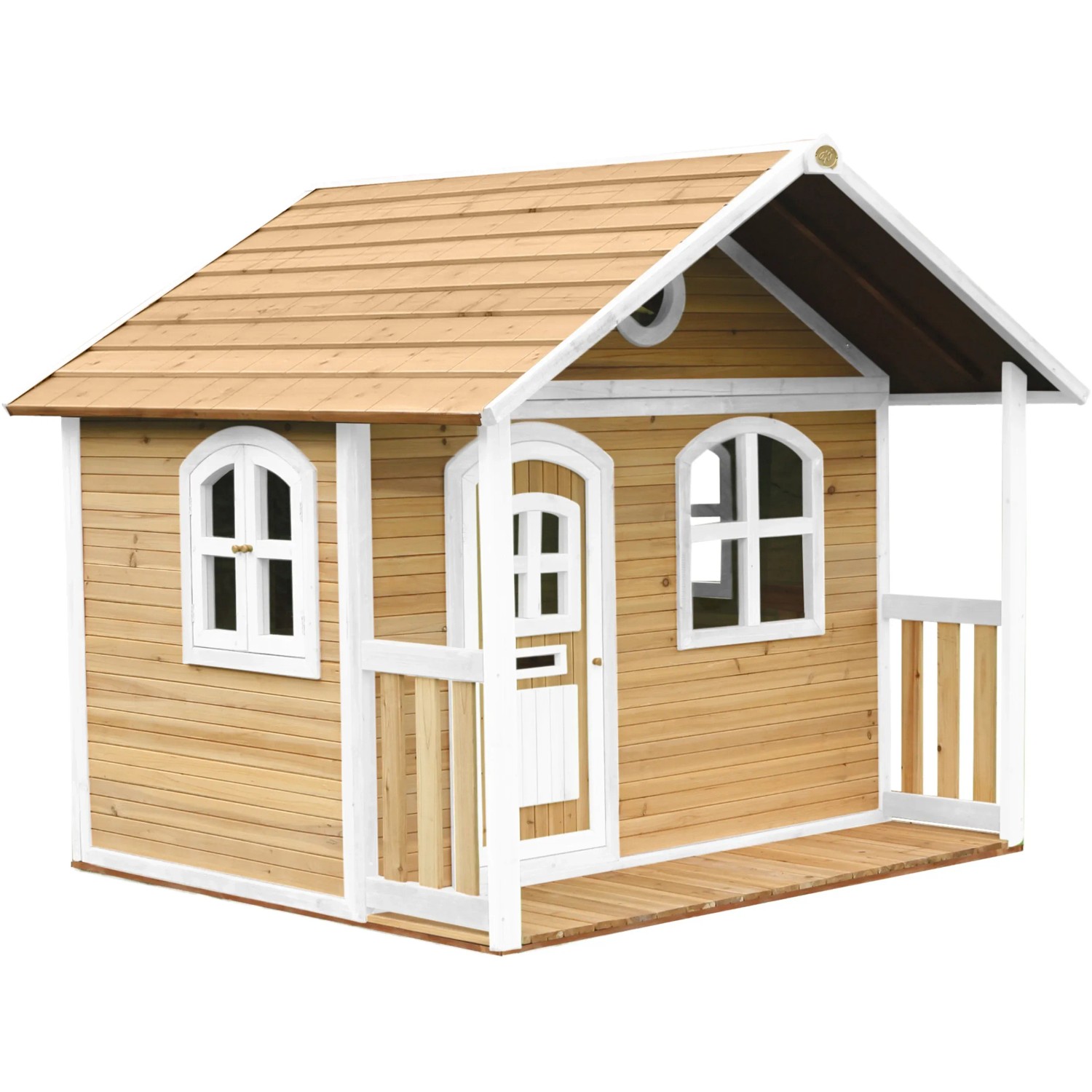 Axi Milan Spielhaus aus Holz in Braun und Weiß mit Veranda und weißen Akzenten.