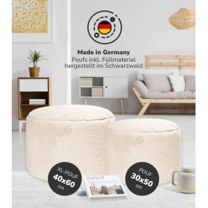 Beige mokebo Poufs XL und Standard aus Kunstfell. Flauschige Hocker/Sitzpoufs für den Innenbereich.