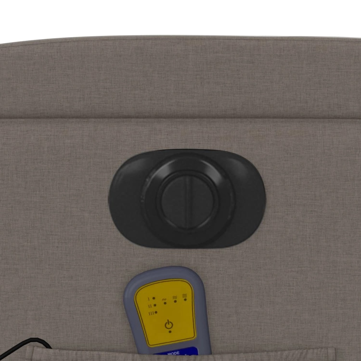 Detailansicht Bedienelemente und Fernbedienung des taupefarbenen vidaXL Massagesessels.