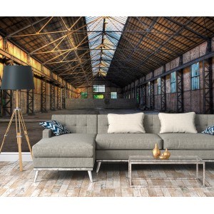 Fototapete Industrial Halle in Grau und Gelb, 3,50x2,55m, mit Industriehallen-Motiv.