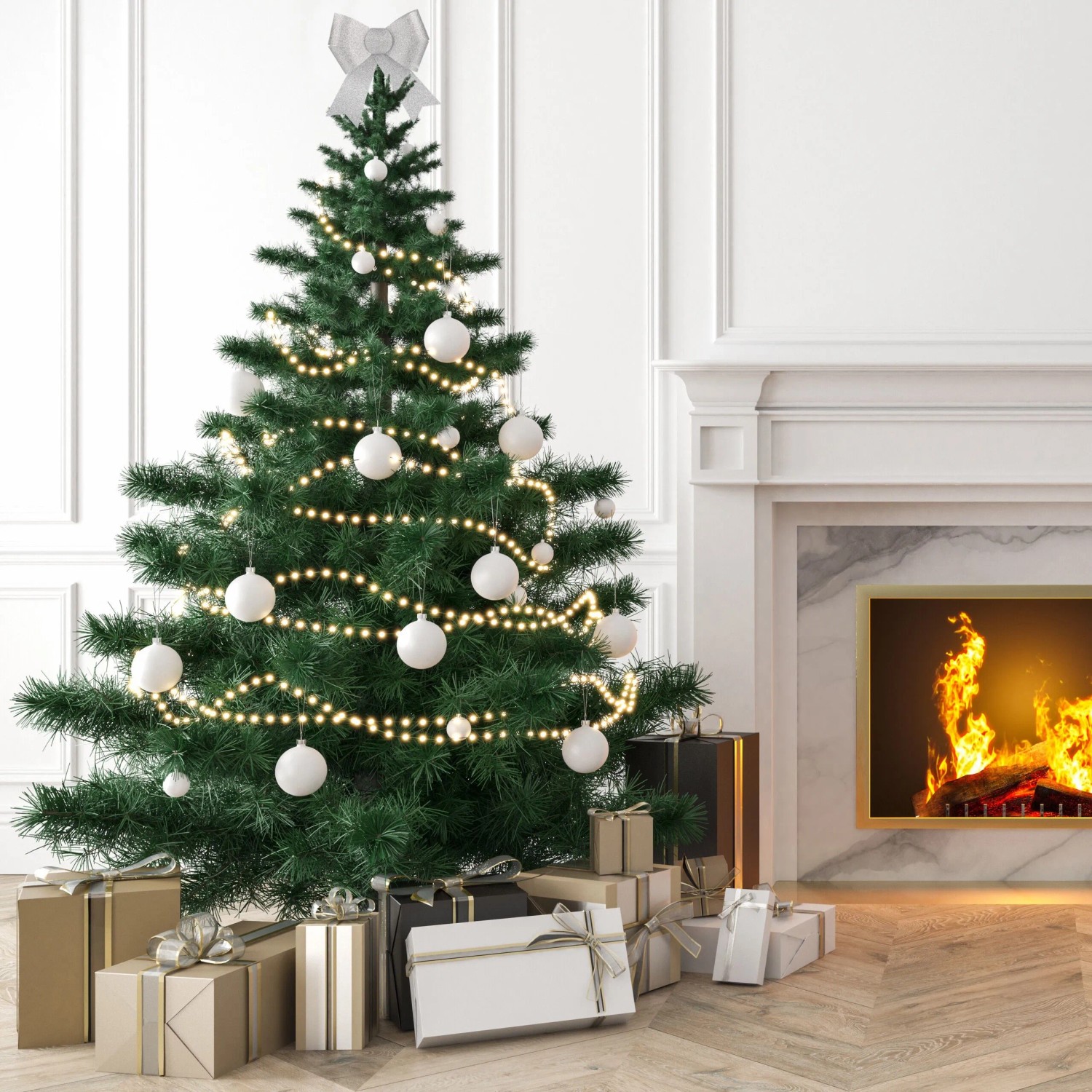 Weihnachtsbaum mit silberner Relaxdays Schleife, Kugeln, Lichterkette und Geschenken vor Kamin.