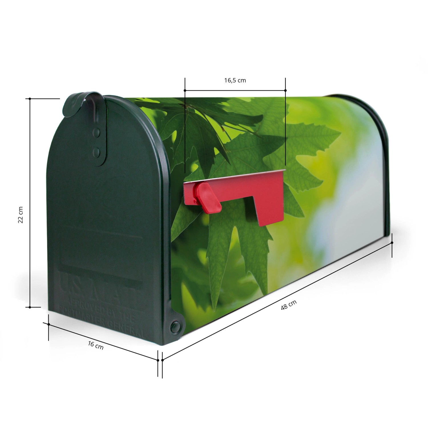 Grüner US Briefkasten mit Blättertraum Motiv, roter Fahne und Maßangaben.