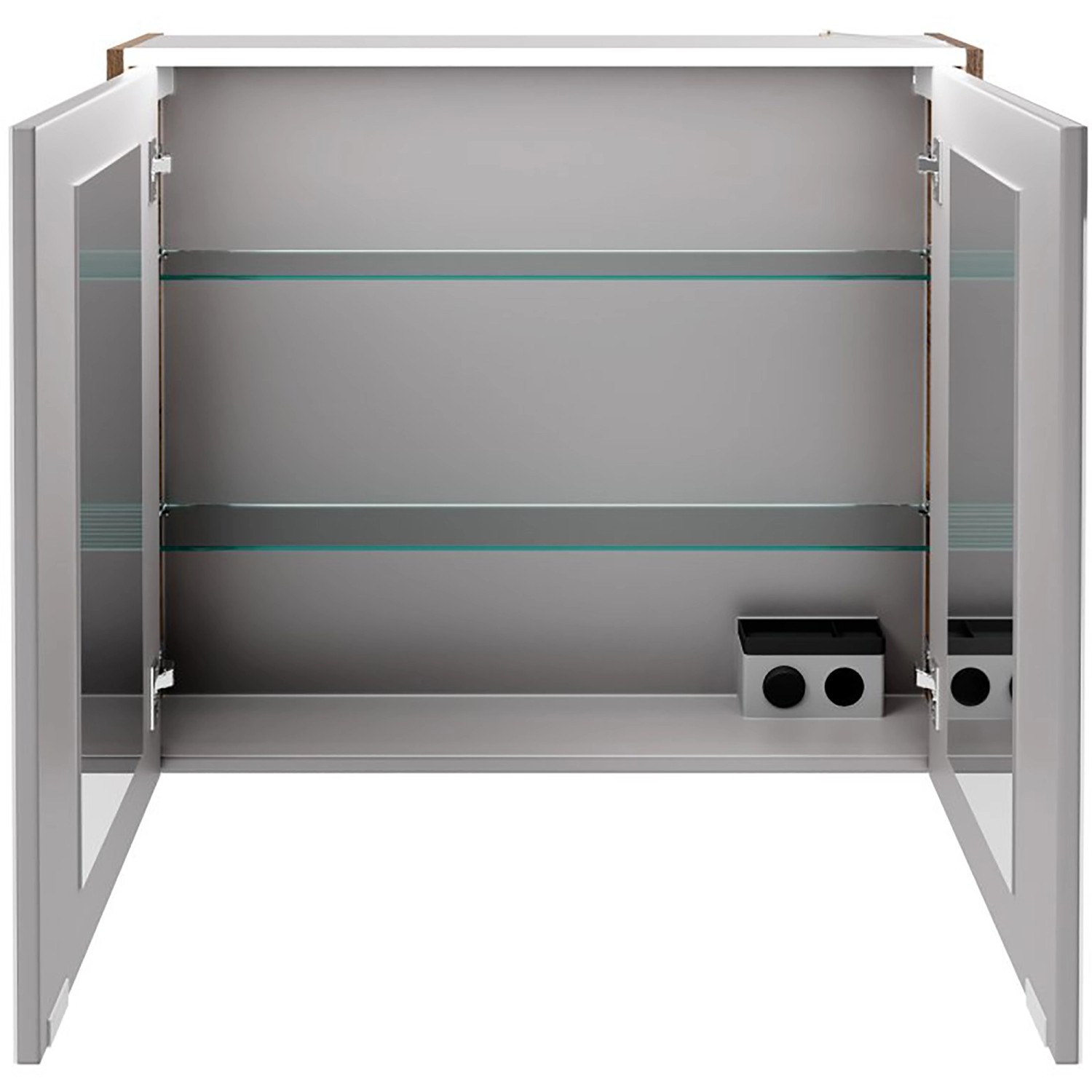 Offener Fackelmann LED-Spiegelschrank Verona, 80 cm, Nussbaum Dekor, mit zwei Türen und Glasböden.