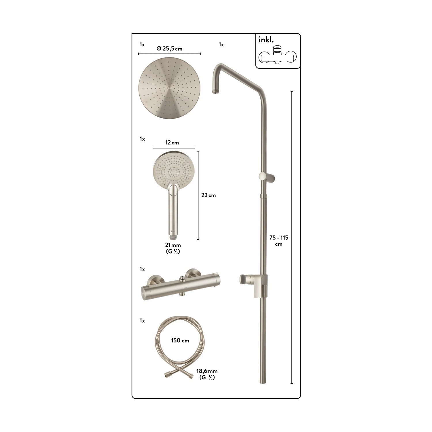 baliv Überkopfbrause-Set KBS-22.21 Edelstahloptik mit Thermostat, Handbrause und Brauseschlauch.