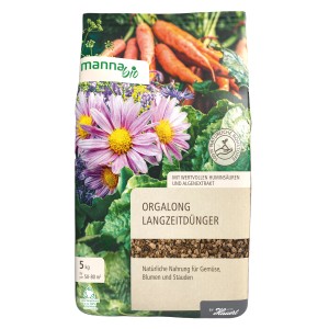 Manna Bio-Langzeitdünger Orgalong, 5 kg Sack mit Illustrationen von Gemüse und Blumen.