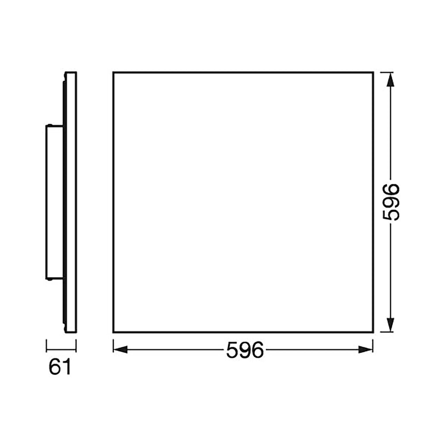 Technische Zeichnung der rahmenlosen Ledvance Planon Sun@Home Smart+ Panelleuchte 60x60 cm.