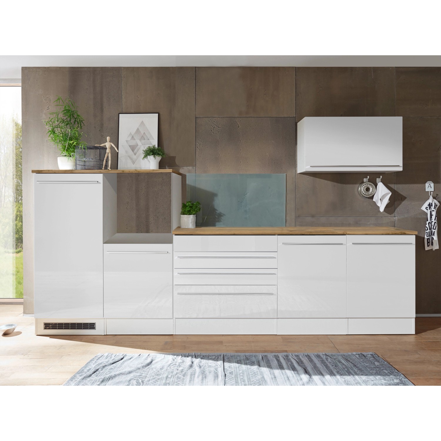 Respekta Küchenblock Gabriel 320 cm in Weiß Hochglanz ohne E-Geräte.