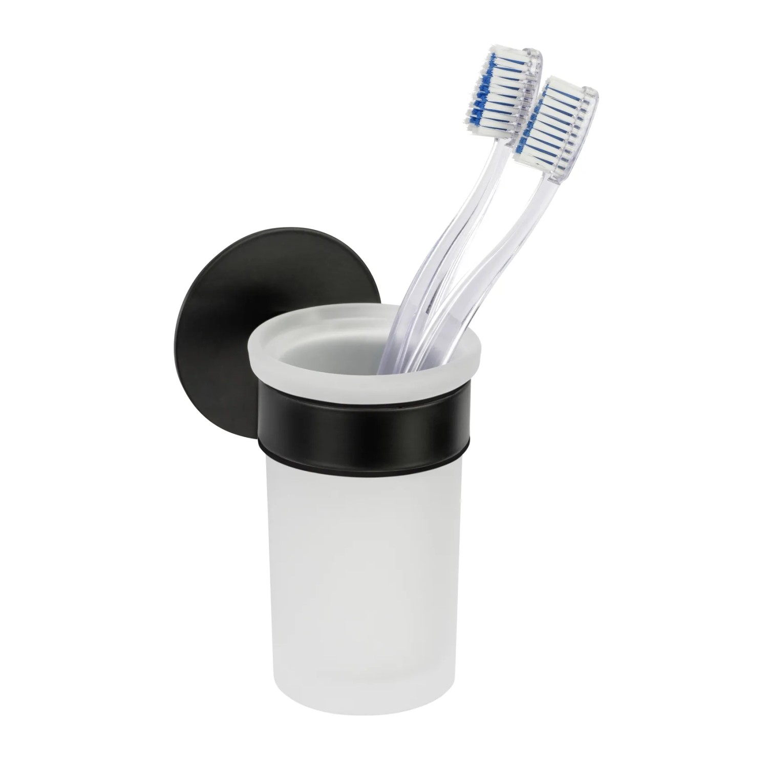 Schöner Wohnen Zahnputzbecherhalter Uno Meleto Schwarz mit satiniertem Glas und zwei Zahnbürsten.