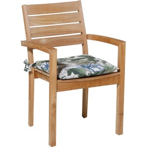 Madison Toscane Sitzkissen Bliss Blue auf Holzstuhl, Gartenstuhlauflage mit Blattmuster.
