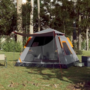 Grau-oranges Kuppelzelt für 5 Personen von vidaXL. Campingzelt mit Sonnendach im Wald.