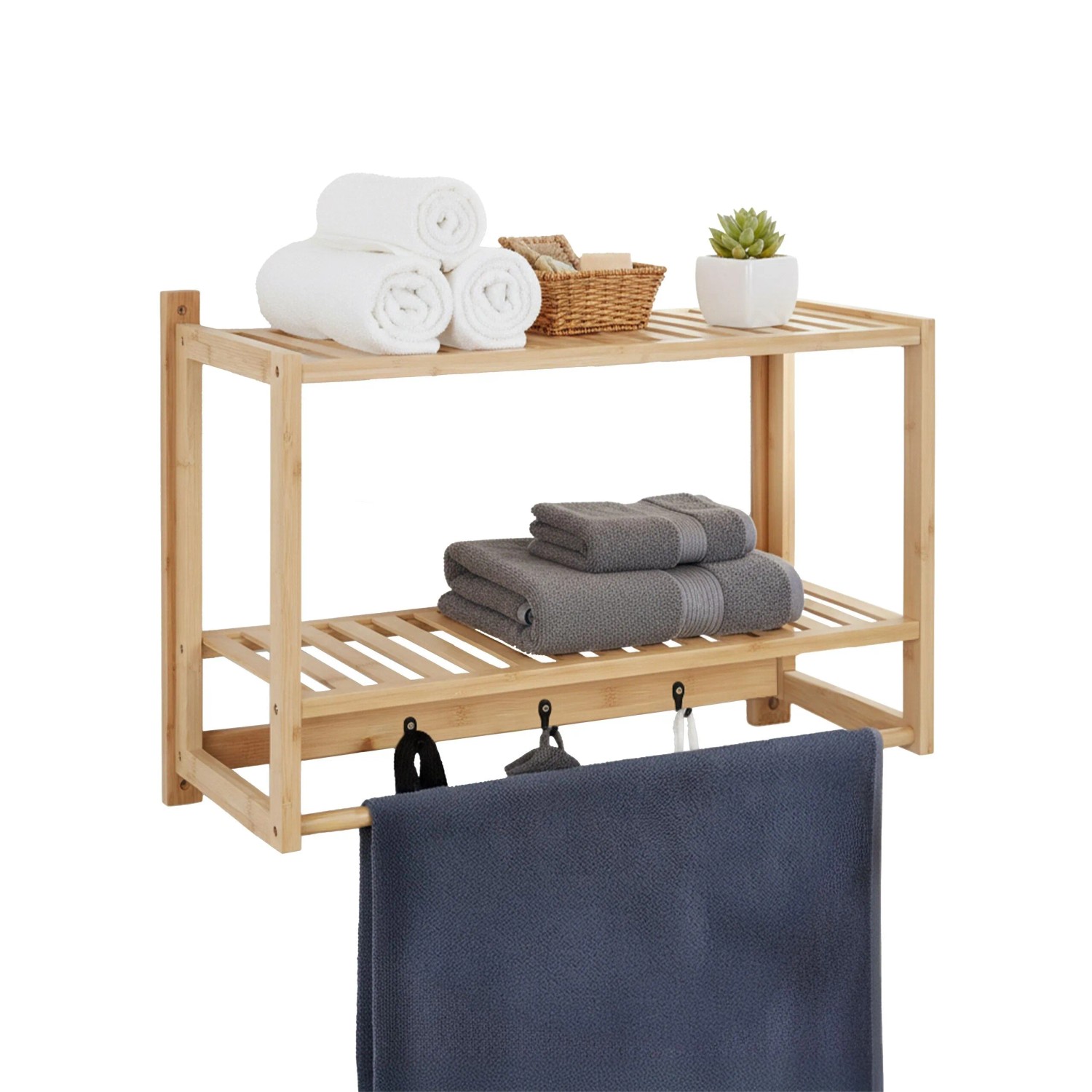 Relaxdays Wandregal Bambus Natur mit Haken und Handtuchstange 40 cm x 60 cm x 23,5 cm 2 kg